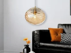 LED Pendelleuchte Glaskugel Wellenmuster Champagner, Ø 24,8cm