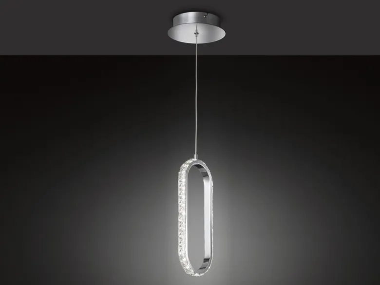 LED Pendelleuchte HARLEY mit Kristall Ring oval einflammig Silber, Breite 16cm