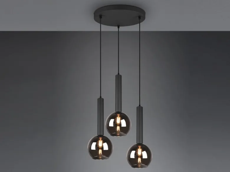 LED Pendelleuchte Industrial 3-flammig Rauchglas-Kugeln, Ø 45cm