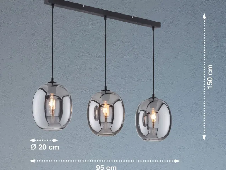 LED Pendelleuchte Industrial 3 flammig mit Rauchglas Glaskugeln - Länge 95cm