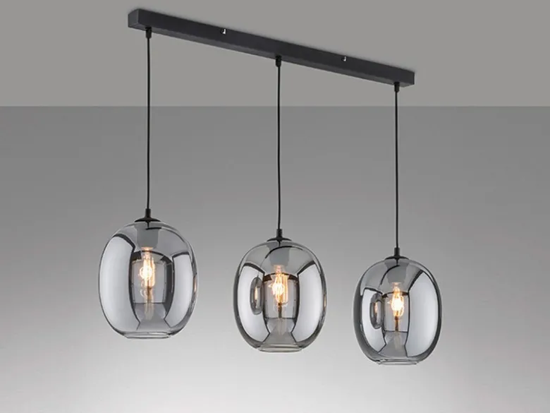 LED Pendelleuchte Industrial 3 flammig mit Rauchglas Glaskugeln - Länge 95cm