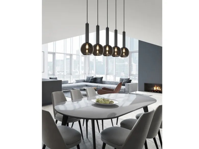LED Pendelleuchte Industrial 5 flammig mit Rauchglas Kugeln, Breite 115cm