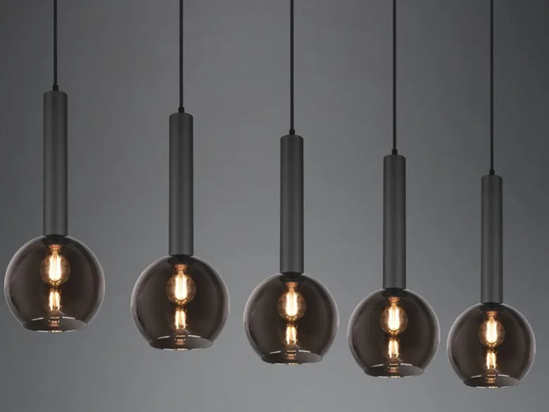 LED Pendelleuchte Industrial 5 flammig mit Rauchglas Kugeln, Breite 115cm