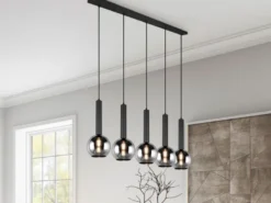 LED Pendelleuchte Industrial 5 flammig mit Rauchglas Kugeln, Breite 115cm