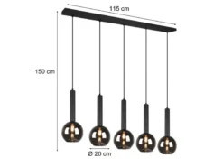 LED Pendelleuchte Industrial 5 flammig mit Rauchglas Kugeln, Breite 115cm