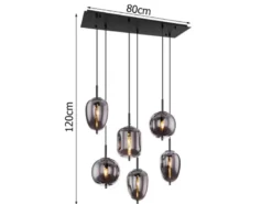 LED Pendelleuchte 6 Kugeln Rauchglas Metall Schwarz, Breite 80cm