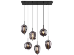 LED Pendelleuchte 6 Kugeln Rauchglas Metall Schwarz, Breite 80cm