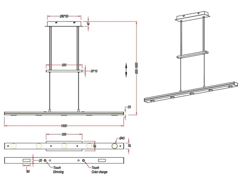 LED Pendelleuchte LACAL Schwarz dimmbar & höhenverstellbar, Breite 100cm