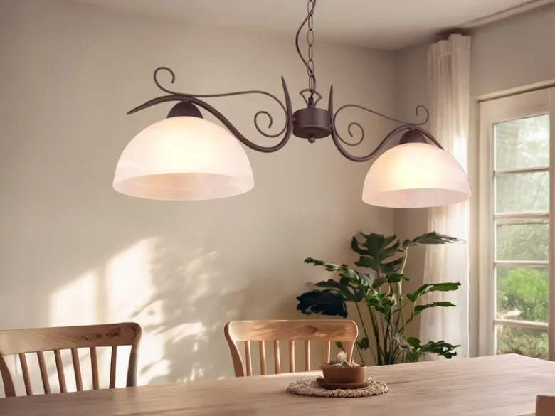 LED Pendelleuchte Landhausstil 2-flammig mit Glasschirmen Weiß, B: 82cm