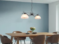 LED Pendelleuchte Landhausstil 2-flammig mit Glasschirmen Weiß, B: 82cm