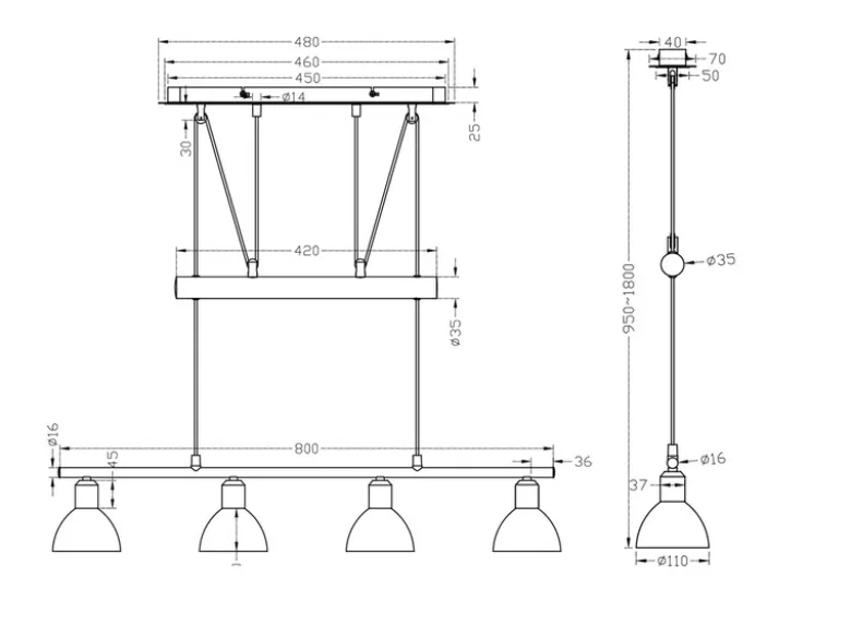 LED Pendelleuchte LEVISTO Messing 4-flammig höhenverstellbar bis 160cm, B: 80cm