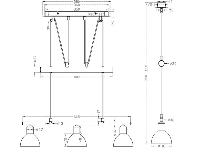 LED Pendelleuchte LEVISTO Messing 3-flammig höhenverstellbar bis 160cm, B: 60cm