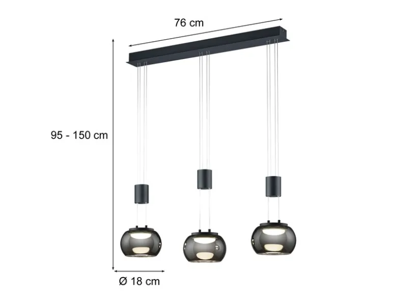 LED Pendelleuchte MADISON 3-flammig Rauchglas, höhenverstellbar, Breite 82cm