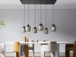 LED Pendelleuchte mehrflammig mit 6 Rauchglas Glaskugeln, Breite 115cm