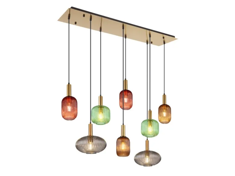 LED Pendelleuchte mehrflammig lang aus Rillenglas Bunt, Breite 125cm