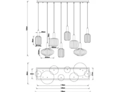 LED Pendelleuchte mehrflammig lang aus Rillenglas Bunt, Breite 125cm