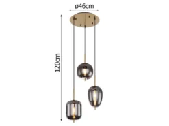 LED Pendelleuchte Metall Messing mit 3 Rauchglaskugeln, Ø 46cm