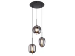 LED Pendelleuchte Metall Schwarz mit 3 Rauchglaskugeln, Ø 46cm