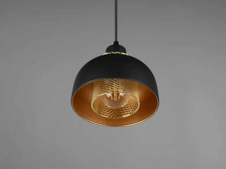 LED Pendelleuchte Metall Schwarz Gold mit Drahtgeflecht, Ø 18cm