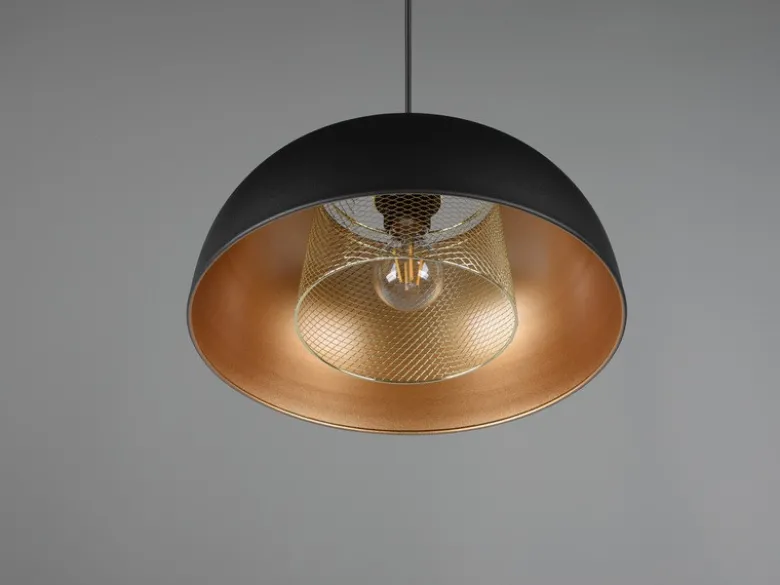 LED Pendelleuchte Metall Schwarz Gold mit Drahtgeflecht, Ø 35cm