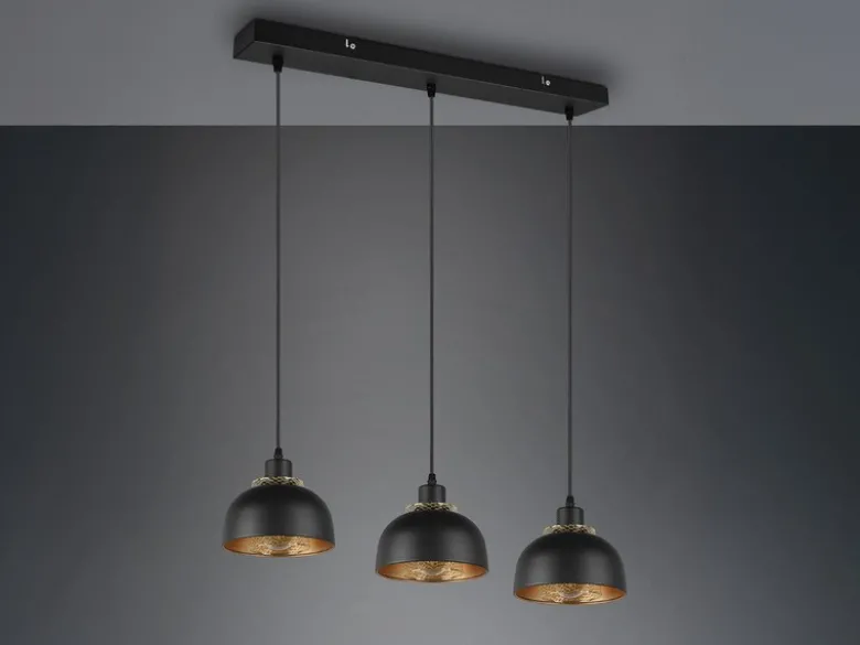 LED Pendelleuchte Metall Schwarz Gold mit Drahtgeflecht, Breite 68cm