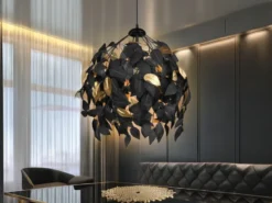 LED Pendelleuchte mit Blätter Lampenschirm Schwarz Gold, Ø 38cm