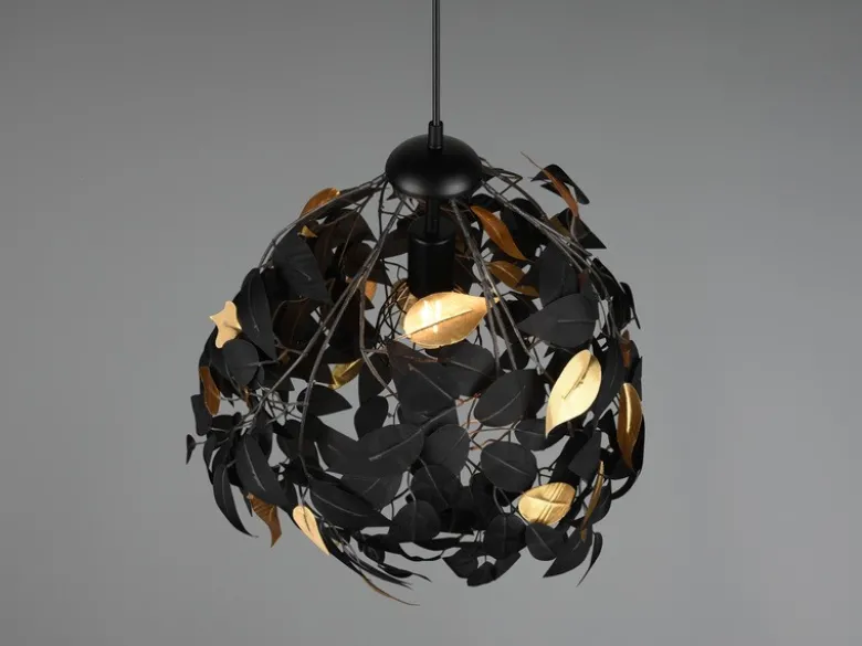 LED Pendelleuchte mit Blätter Lampenschirm Schwarz Gold, Ø 38cm