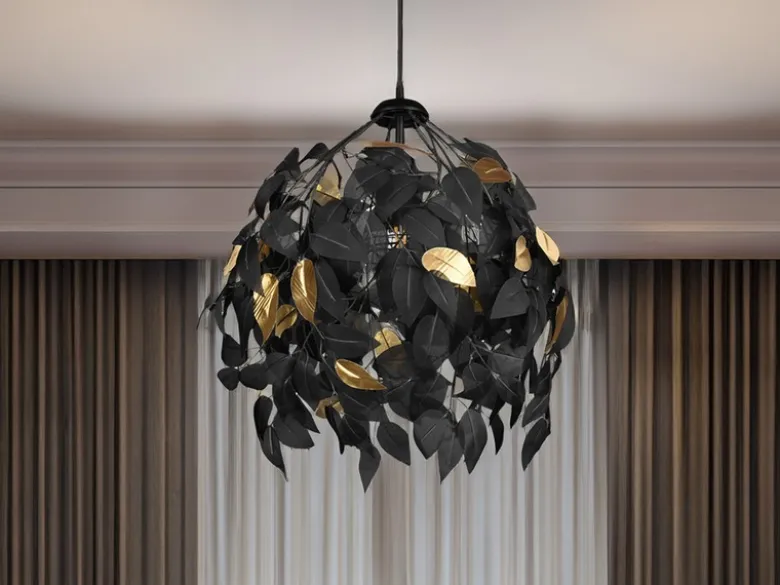 LED Pendelleuchte mit Blätter Lampenschirm Schwarz Gold, Ø 38cm