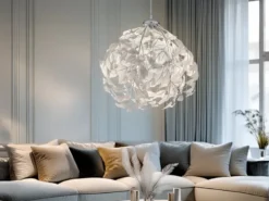 LED Pendelleuchte mit Blätter Lampenschirm in Weiß, Ø 38cm