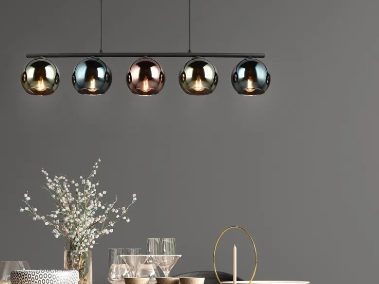 LED Pendelleuchte mit bunt verspiegelten Glaskugeln, Breite 83cm