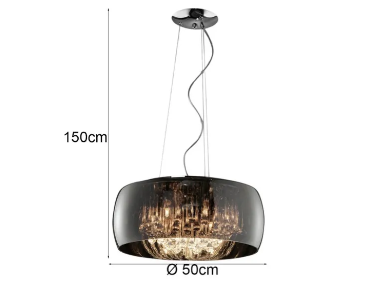 LED Pendelleuchte mit Glas Chrom in Rauchglas Optik & Kristallbehang Ø 50cm