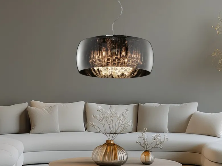 LED Pendelleuchte mit Glas Chrom in Rauchglas Optik & Kristallbehang Ø 50cm