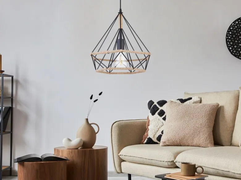 LED Pendelleuchte mit Hanfseil und Drahtgestell Schwarz, Ø 38cm