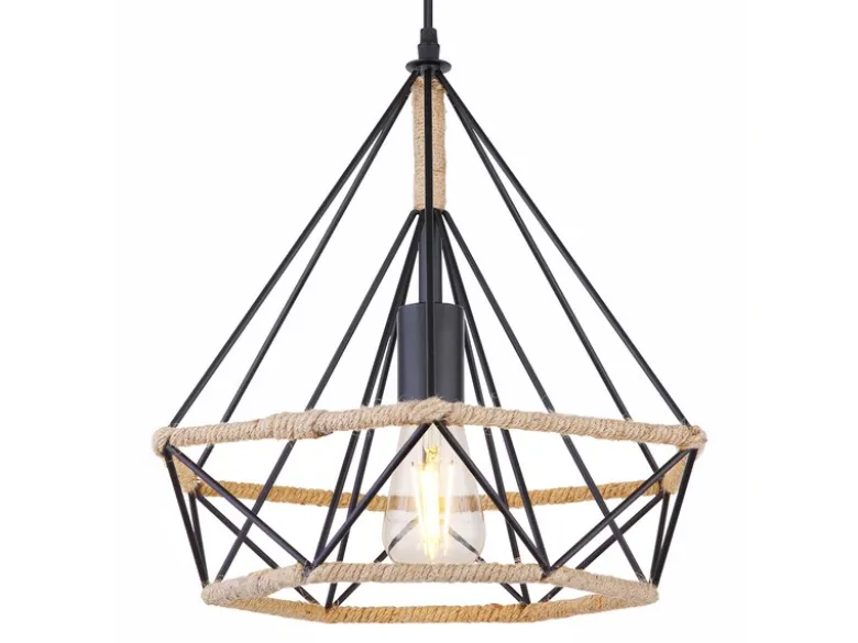 LED Pendelleuchte mit Hanfseil und Drahtgestell Schwarz, Ø 38cm