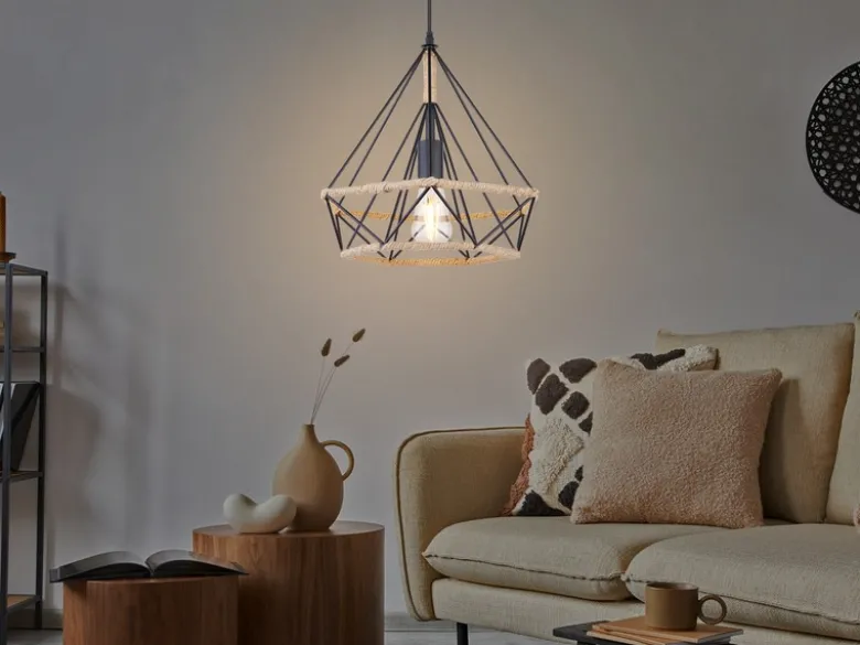 LED Pendelleuchte mit Hanfseil und Drahtgestell Schwarz, Ø 38cm