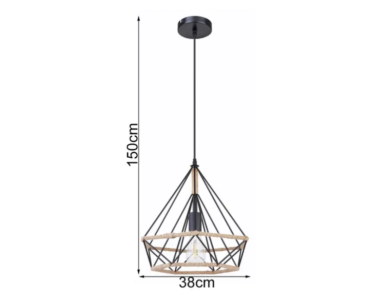 LED Pendelleuchte mit Hanfseil und Drahtgestell Schwarz, Ø 38cm