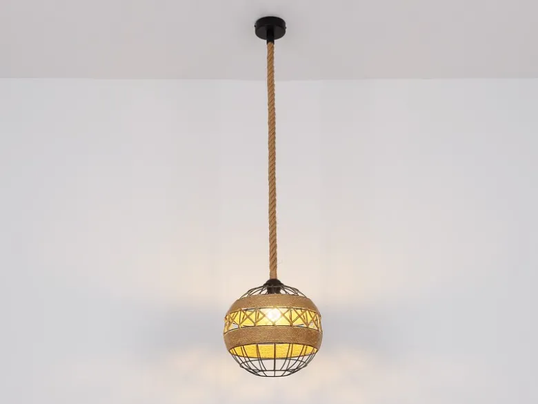 LED Pendelleuchte mit Hanfseil und Drahtkugel Schwarz, Ø 30cm
