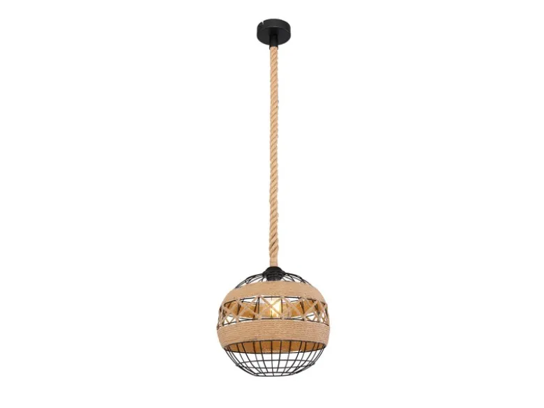 LED Pendelleuchte mit Hanfseil und Drahtkugel Schwarz, Ø 30cm