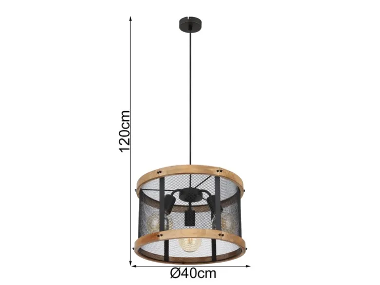LED Pendelleuchte mit Holz & Gitter 3-flammig Schwarz, Ø 40cm