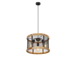 LED Pendelleuchte mit Holz & Gitter 3-flammig Schwarz, Ø 40cm