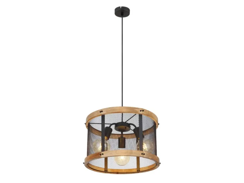 LED Pendelleuchte mit Holz & Gitter 3-flammig Schwarz, Ø 40cm