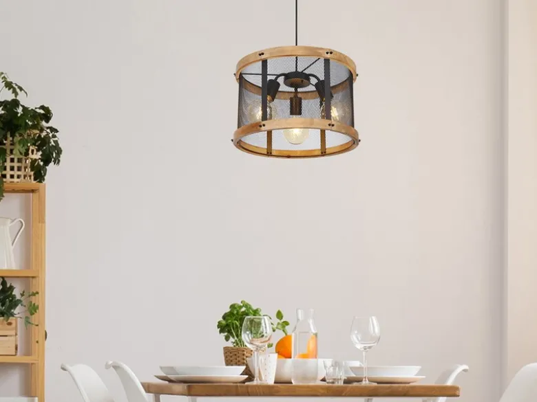 LED Pendelleuchte mit Holz & Gitter 3-flammig Schwarz, Ø 40cm