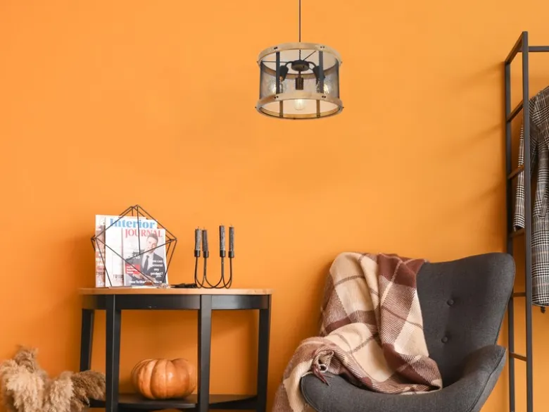 LED Pendelleuchte mit Holz & Gitter 3-flammig Schwarz, Ø 40cm