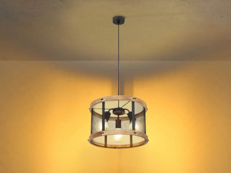 LED Pendelleuchte mit Holz & Gitter 3-flammig Schwarz, Ø 40cm