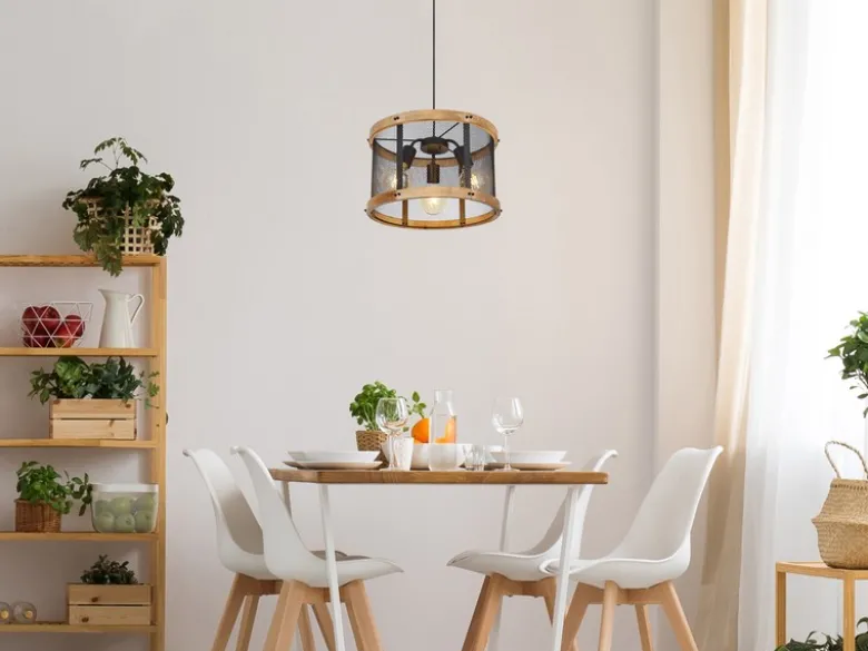 LED Pendelleuchte mit Holz & Gitter 3-flammig Schwarz, Ø 40cm