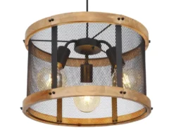 LED Pendelleuchte mit Holz & Gitter 3-flammig Schwarz, Ø 40cm