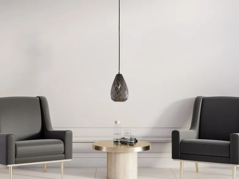 LED Pendelleuchte mit Lasercut Muster geometrisch Anthrazit innen Gold, Ø 15cm