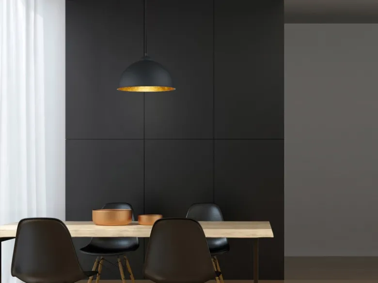 LED Pendelleuchte mit Metall Lampenschirm Schwarz innen Gold, Ø 31cm