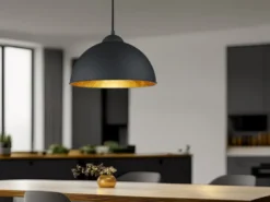 LED Pendelleuchte mit Metall Lampenschirm Schwarz innen Gold, Ø 31cm