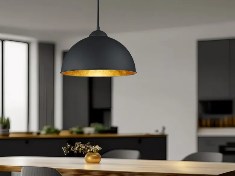 LED Pendelleuchte mit Metall Lampenschirm Schwarz innen Gold, Ø 31cm
